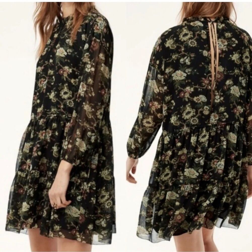 Aritzia Wilfred Lemare Mini Dress Floral Chiffon Tiered Black Moody Women Small